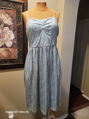 Blue Spaghetti-Strap Midi Dress with Subtle Print